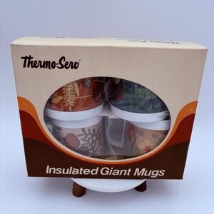 Vintage THERMO-SERV Insulated Mugs‎ Original Box 12 Oz Fall Patterns 1970's